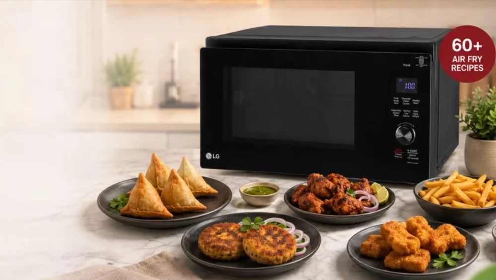 Air fry microwave oven with samosas, tikkis, chicken and fries